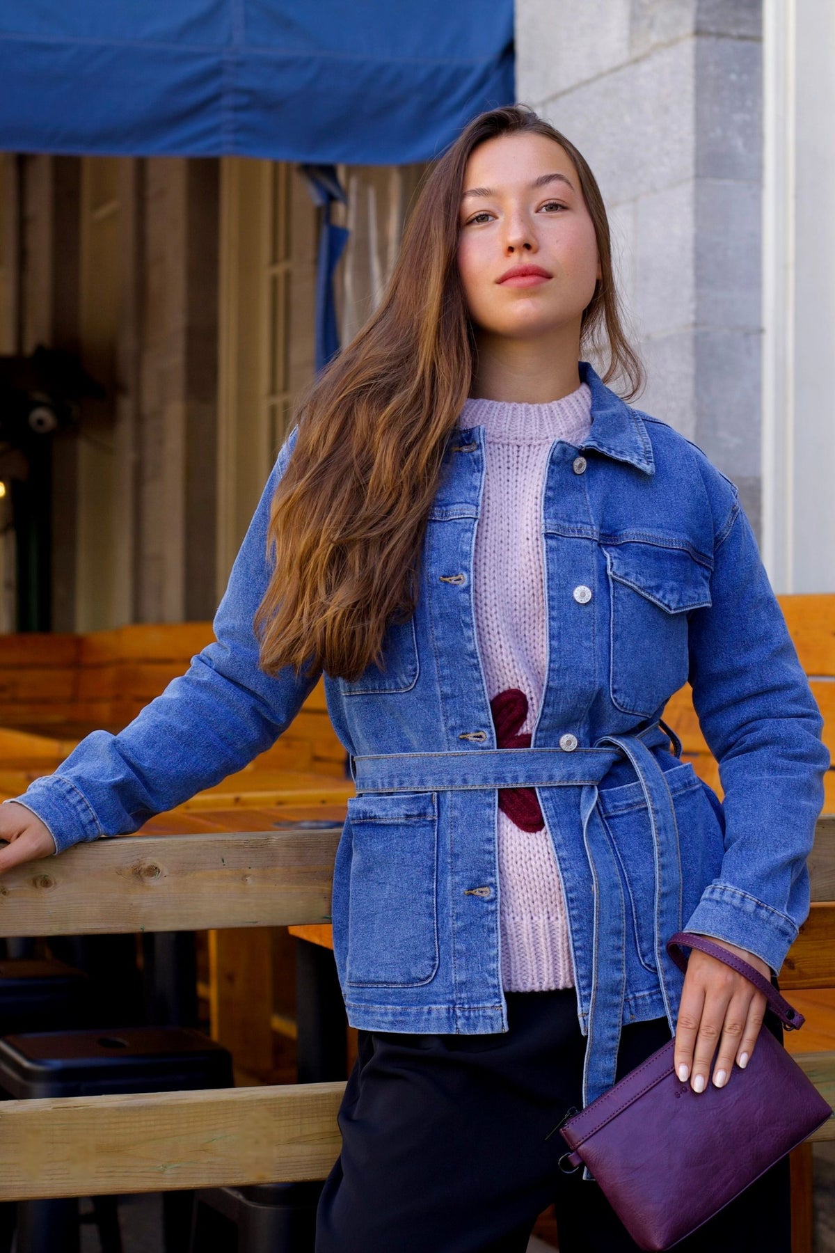 Sabrina Women's Belted Jean Jacquard Jacket With Pockets