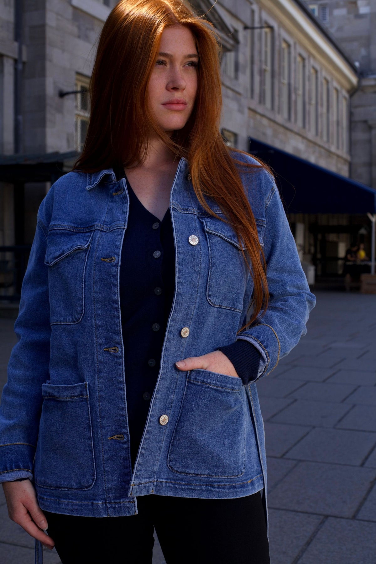 Sabrina Women's Belted Jean Jacquard Jacket With Pockets