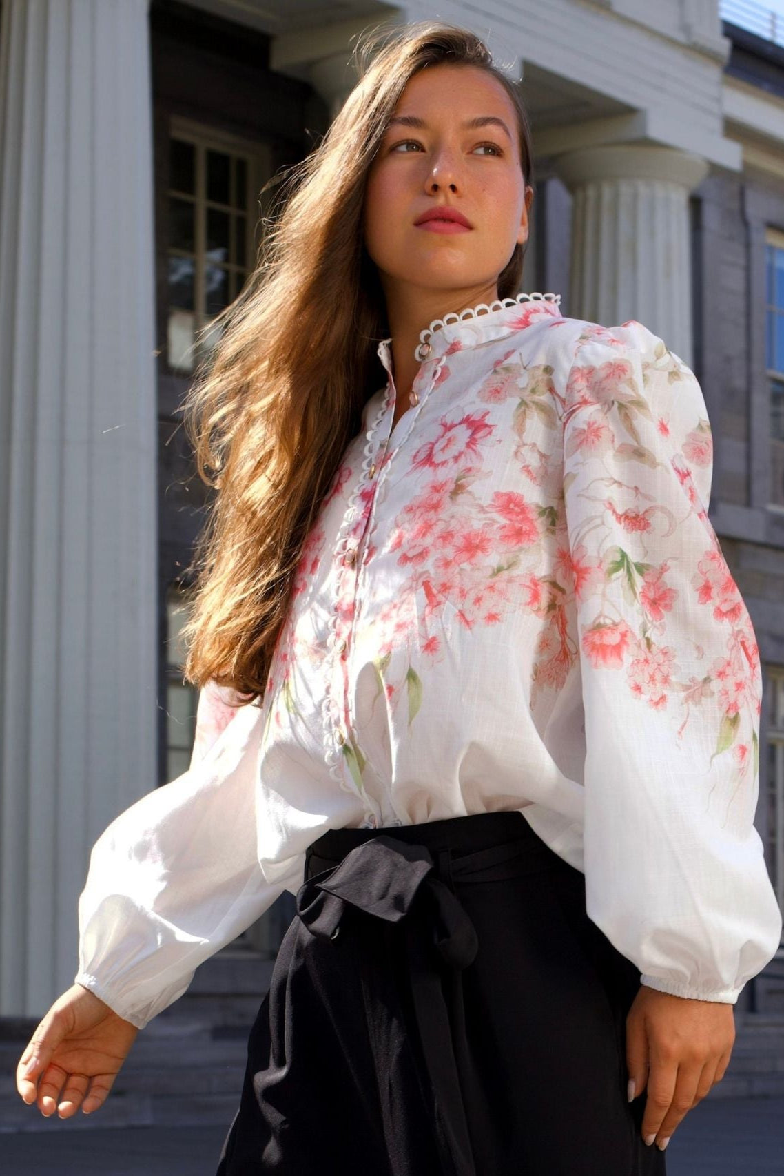 Celeste Women's Floral White Blouse Decorative Front Trim