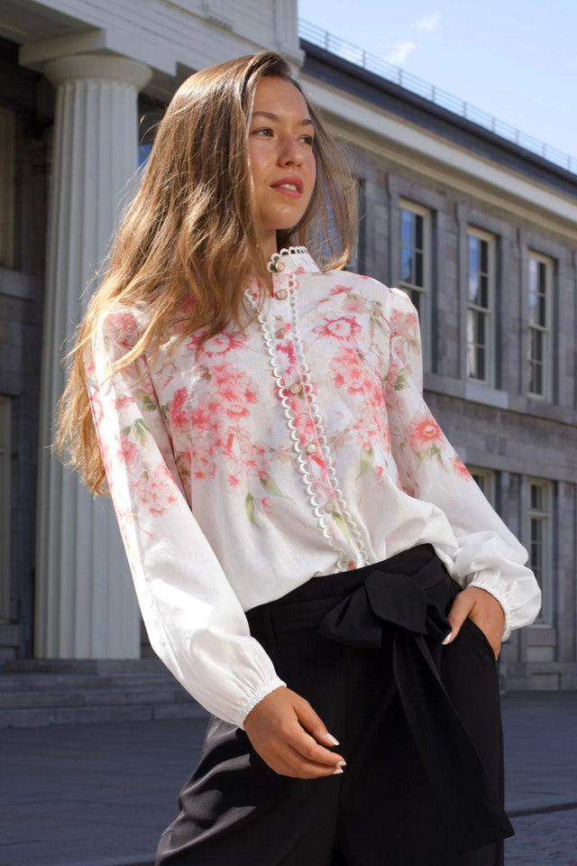 Celeste Chemisier Blanc Fleuri Léger Bordure Décorative