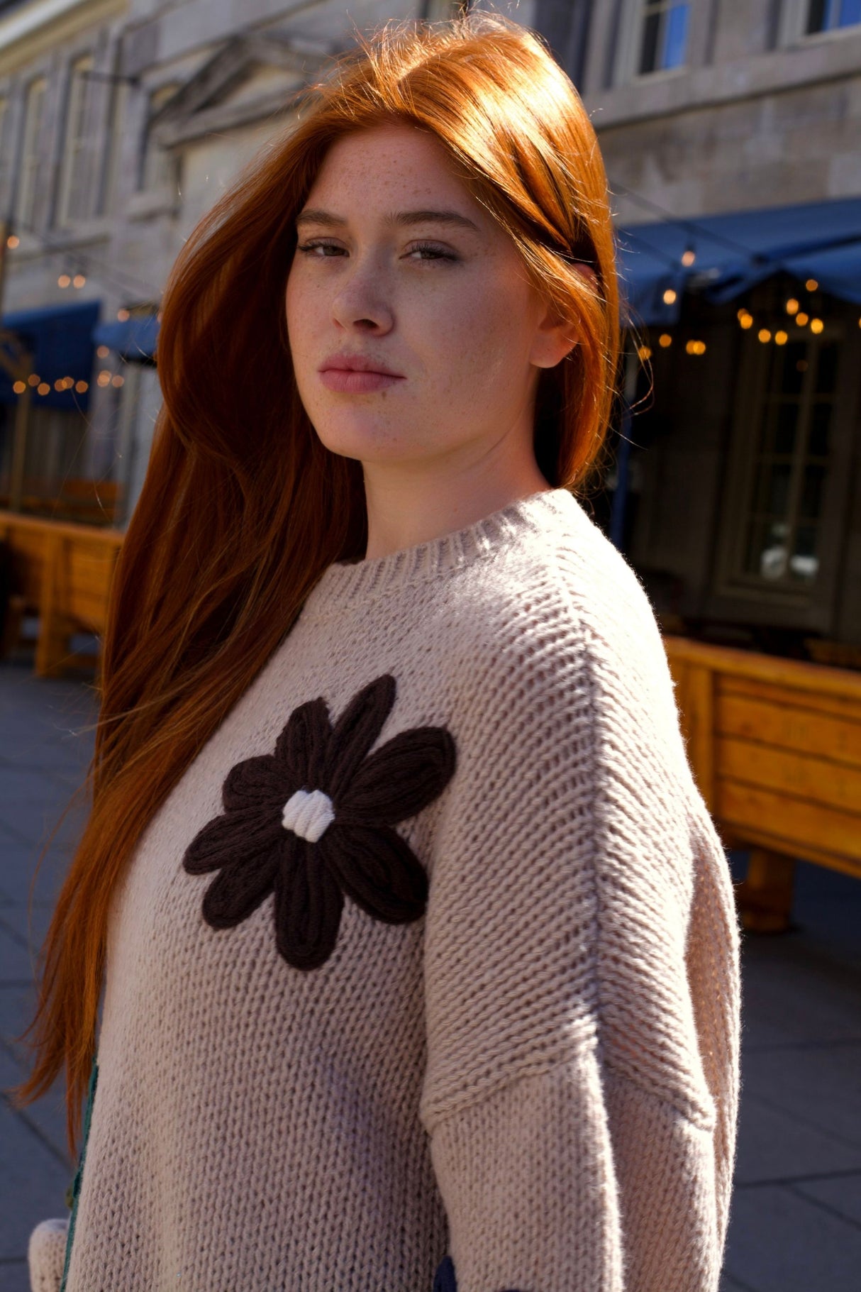 Tamara Women's Chunky Knit Sweater Embroidered Floral Appliqué