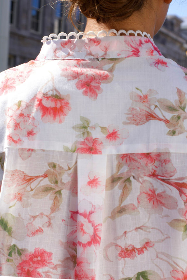 Celeste Chemisier Blanc Fleuri Léger Bordure Décorative