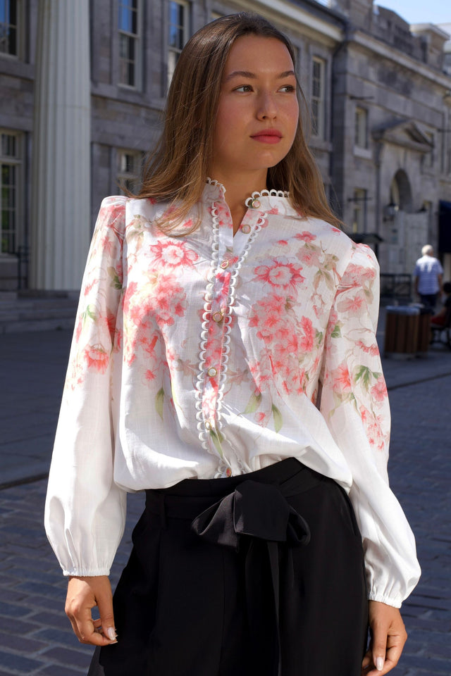 Celeste Chemisier Blanc Fleuri Léger Bordure Décorative