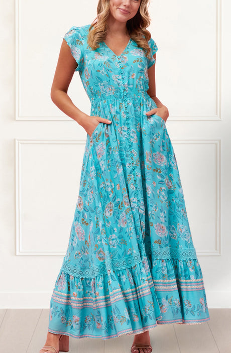 Larissa Maxi Dress Floral Print Front Slit Blue - healthydessertscatering
