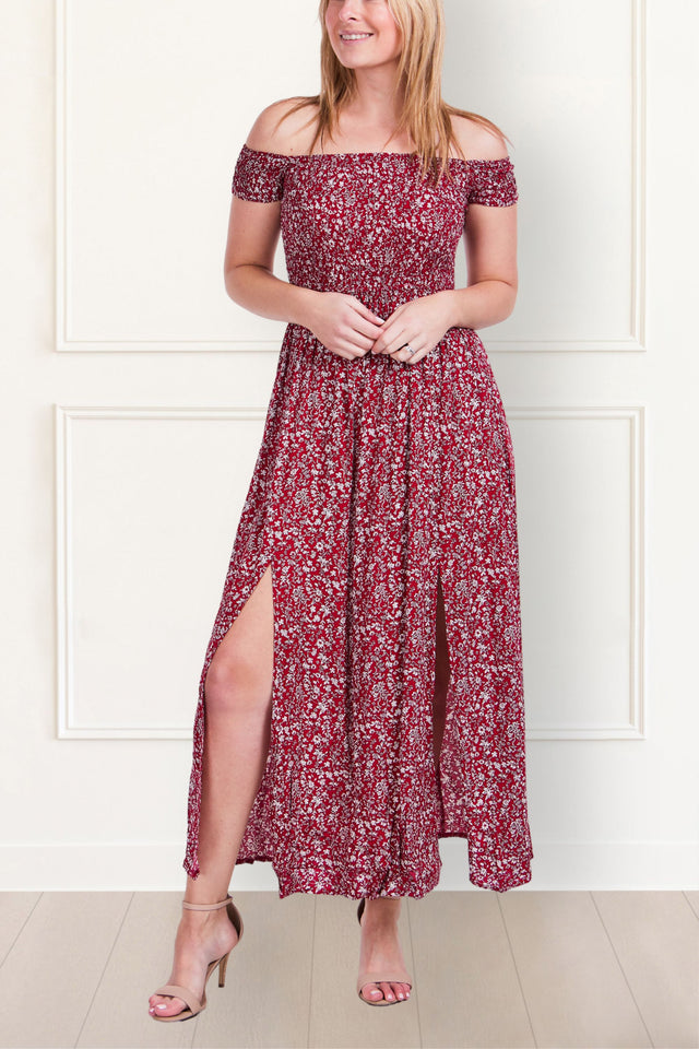 Lilou Robe Longue À Fleurs Double Fentes Épaules Dénudées Possible