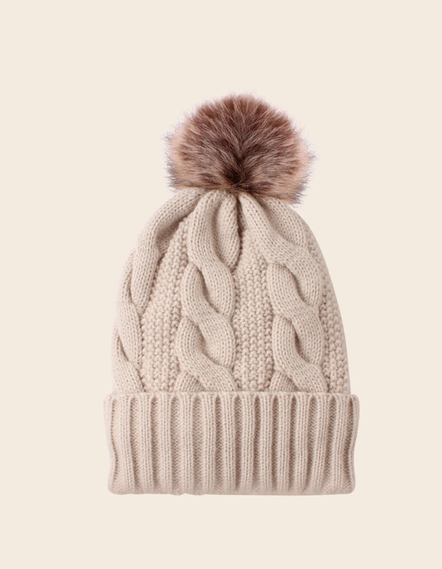 Beannie Hat Pompom Cable Knit - Onze Montreal Beige Onze Montreal