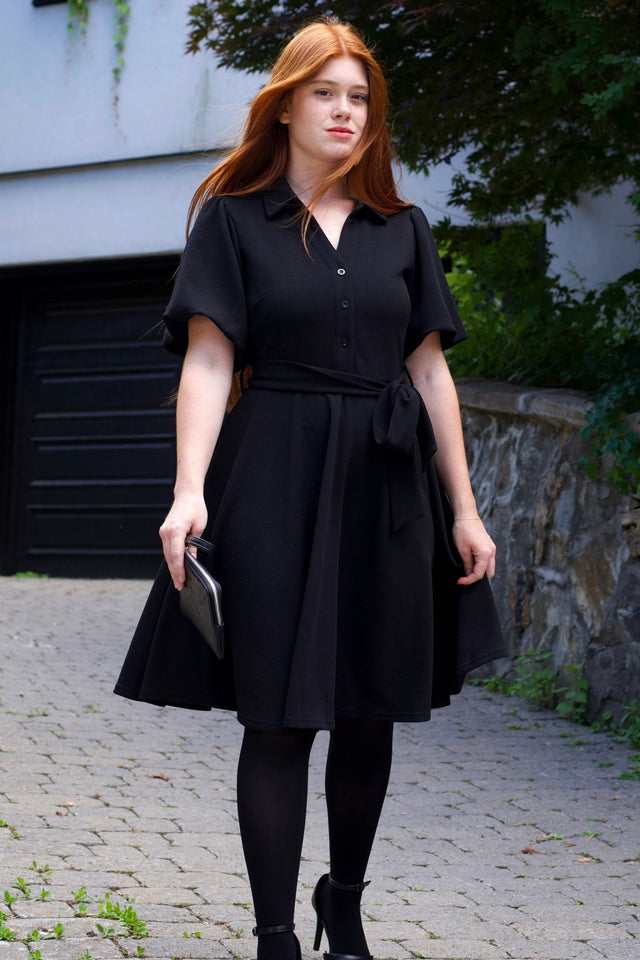 Coralie Tie-Waist Fit-and-Flare Dress with Bell Sleeves