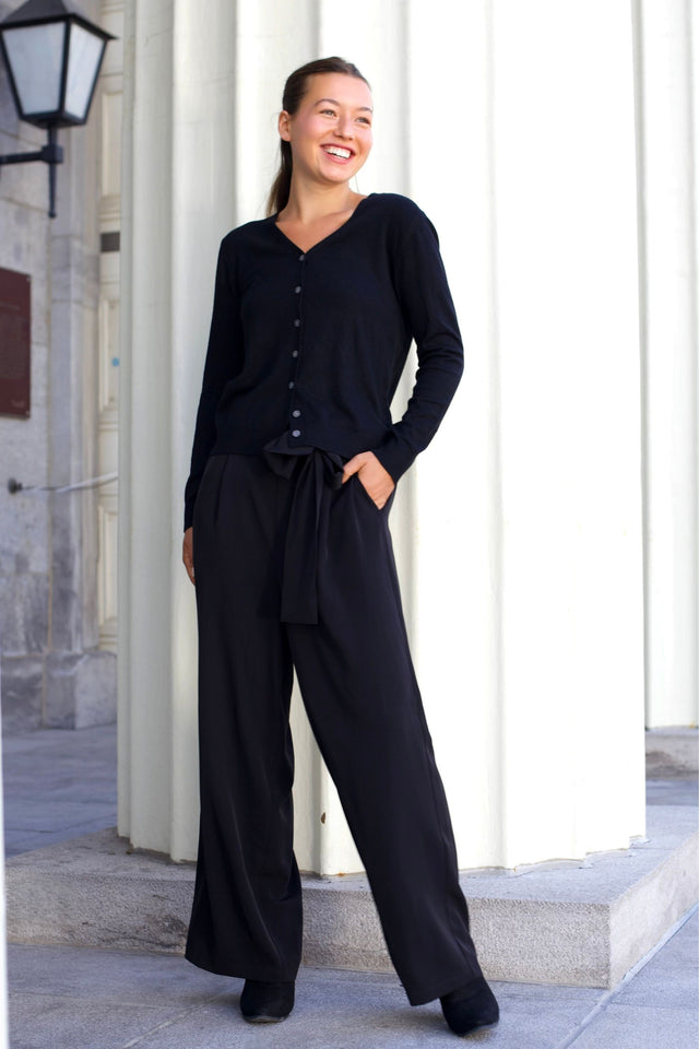 Alba Pantalon Noir Taille Froncée Jambe Droite Taille Élastique Femme