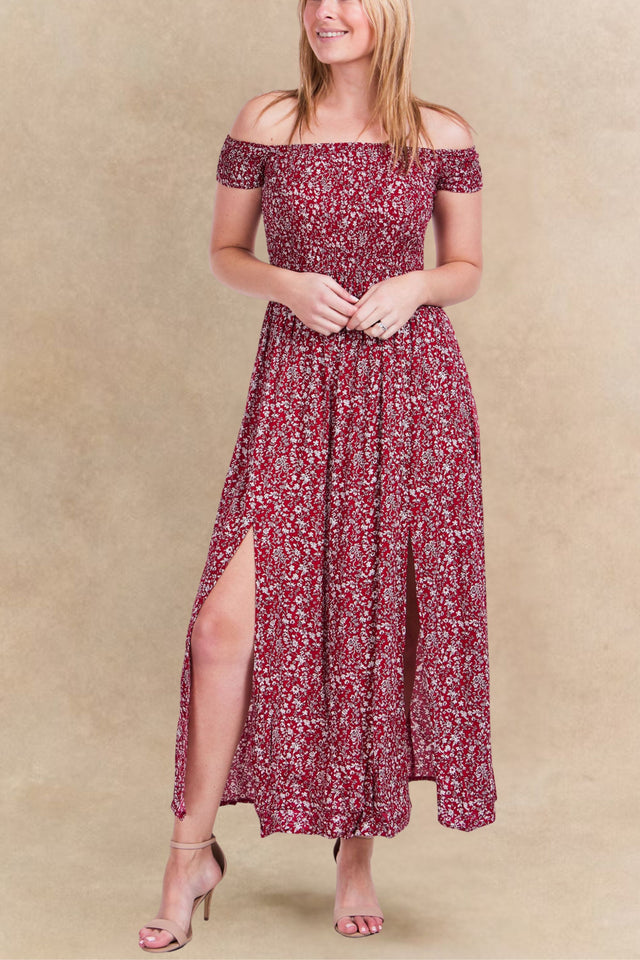 Lilou Robe Longue À Fleurs Double Fentes Épaules Dénudées Possible