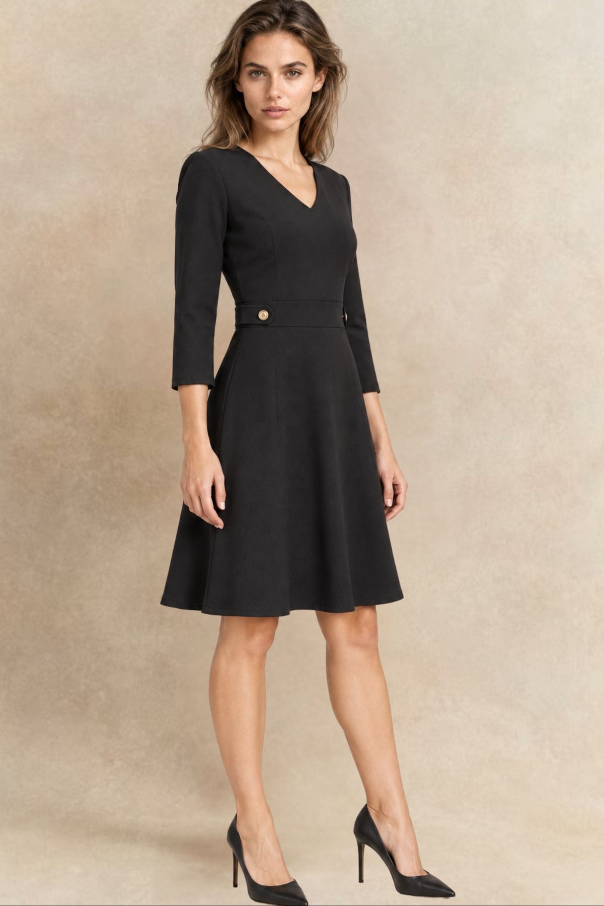 Nathalie Fit & Flare Dress Gold Buttons
