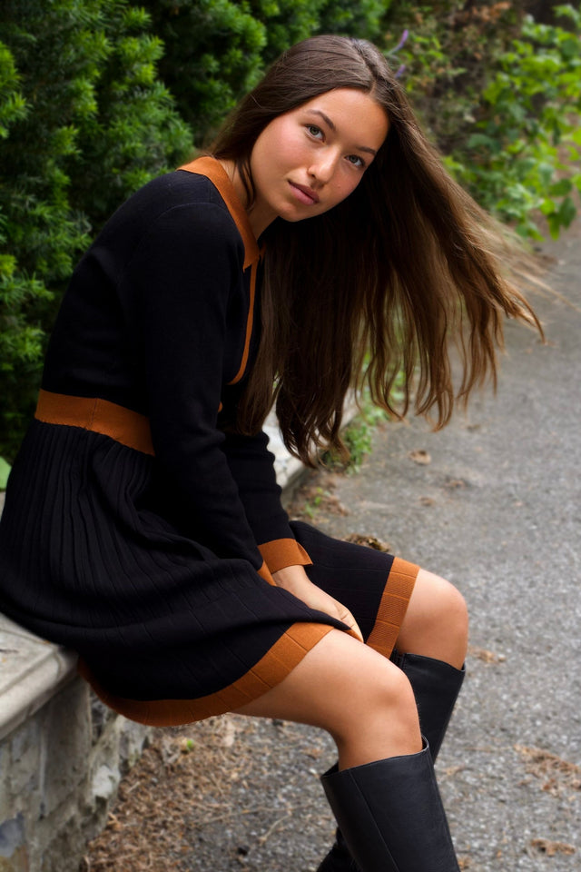 Clarissa Knit Women's Dress Contrast Trim Long Sleeves