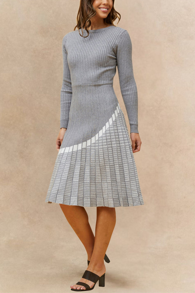 Leslie Elegant Knit Midi Dress Long Sleeve Round Neck Pleated Skirt