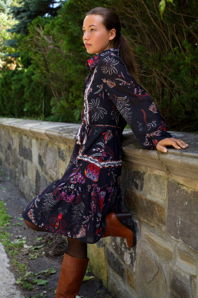 PRE-ORDER-Etna Women's Boho Print Black Shirt Dress Waist Tie Button Front