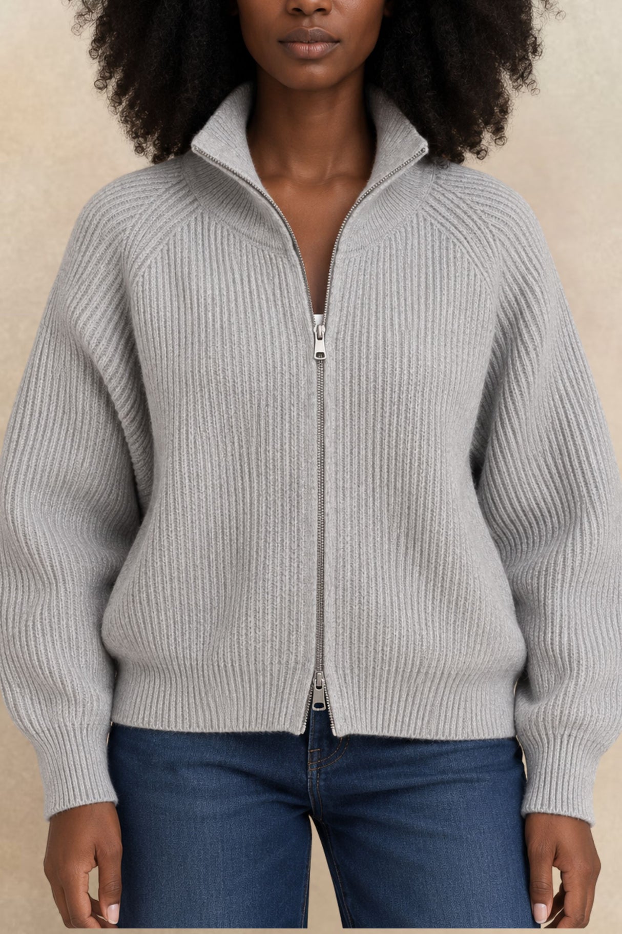 Maelys Ribbed Zip-Up Mock Neck Cardigan