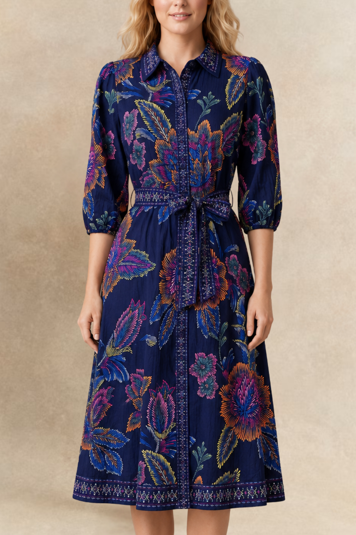 Adelina Navy Printed Floral Shirt Dress