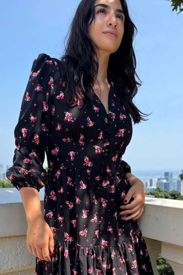 PRE-ORDER-Mila Black Dress Pink Floral Print Button Front Long Sleeves