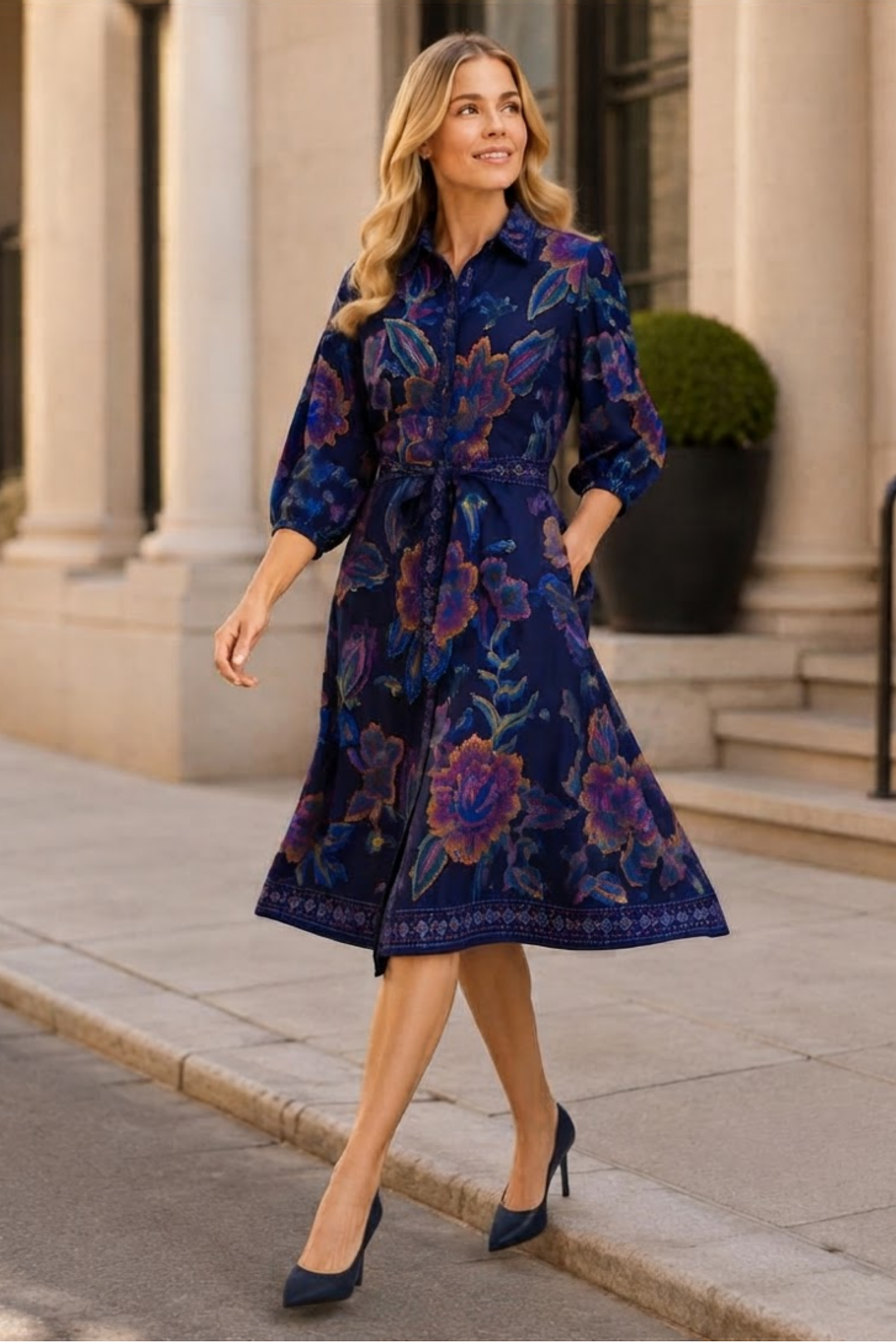 Adelina Navy Printed Floral Shirt Dress