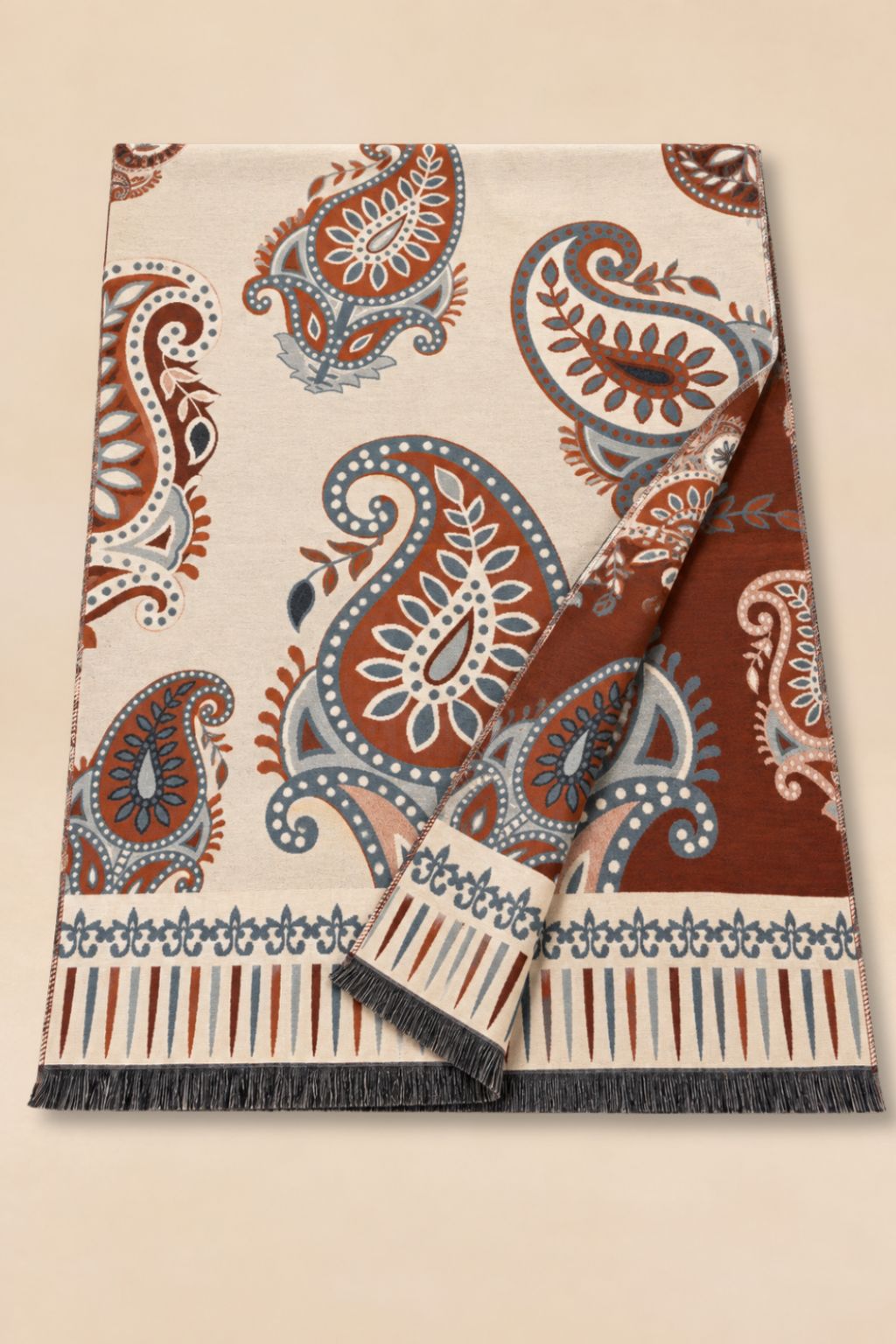 Beige Paisley Fringe Scarf