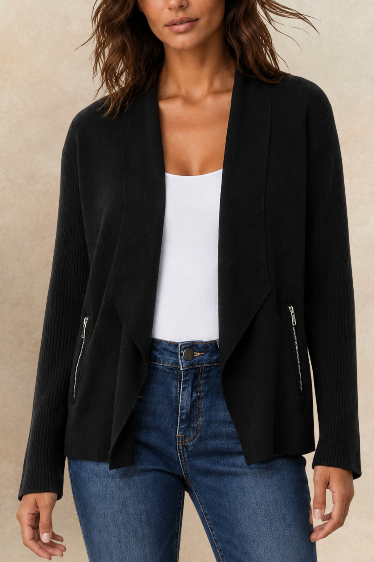 Adèle Black open Cardigan Zipper Pockets