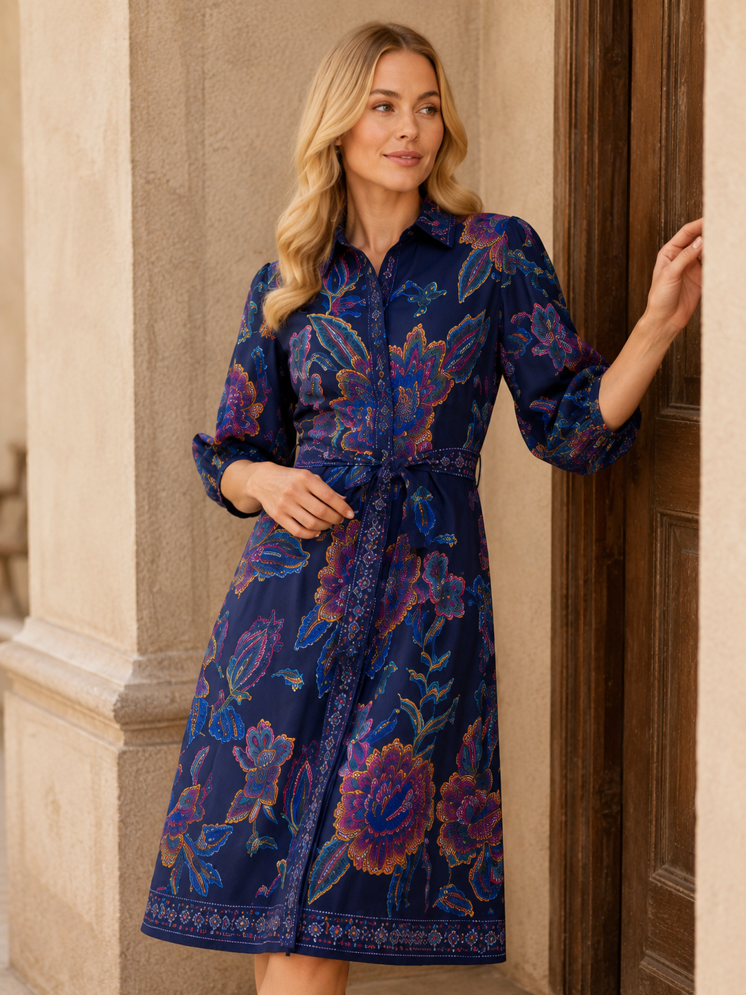 Robe-chemisier Adelina bleu marine à imprimé floral