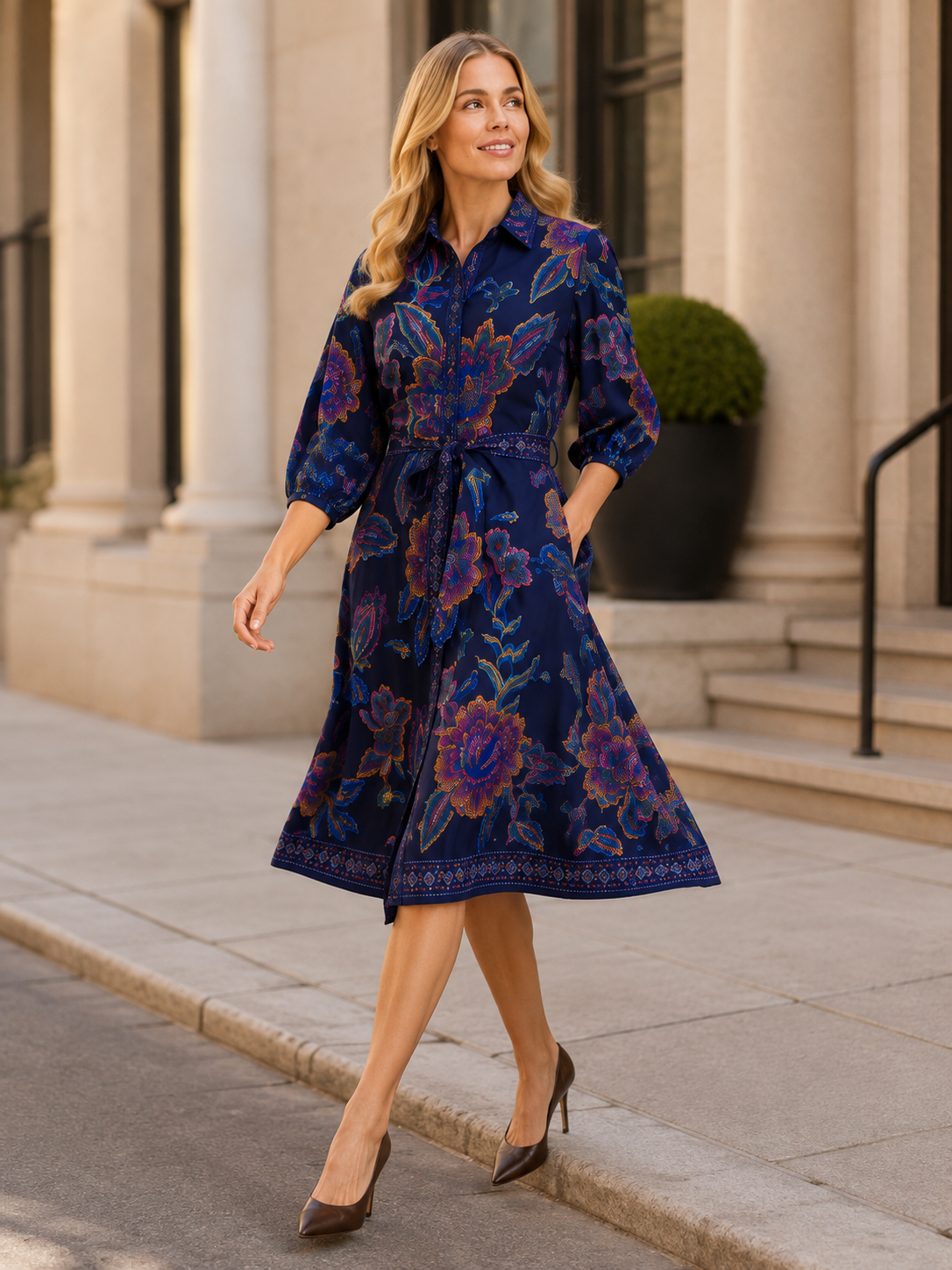 Robe-chemisier Adelina bleu marine à imprimé floral