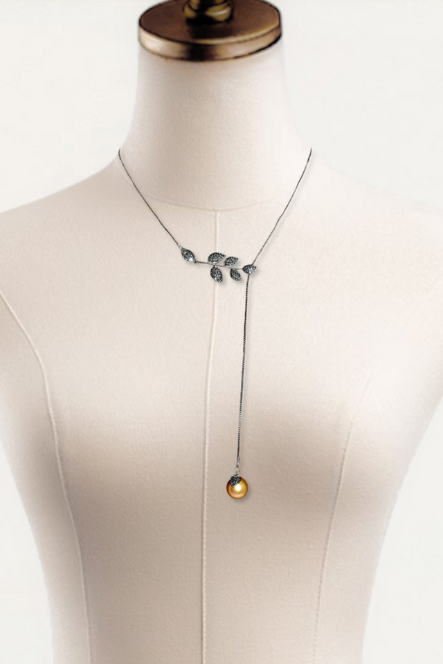 Adjustable Leaf and Pearl Drop Necklace – Coffee Gold
