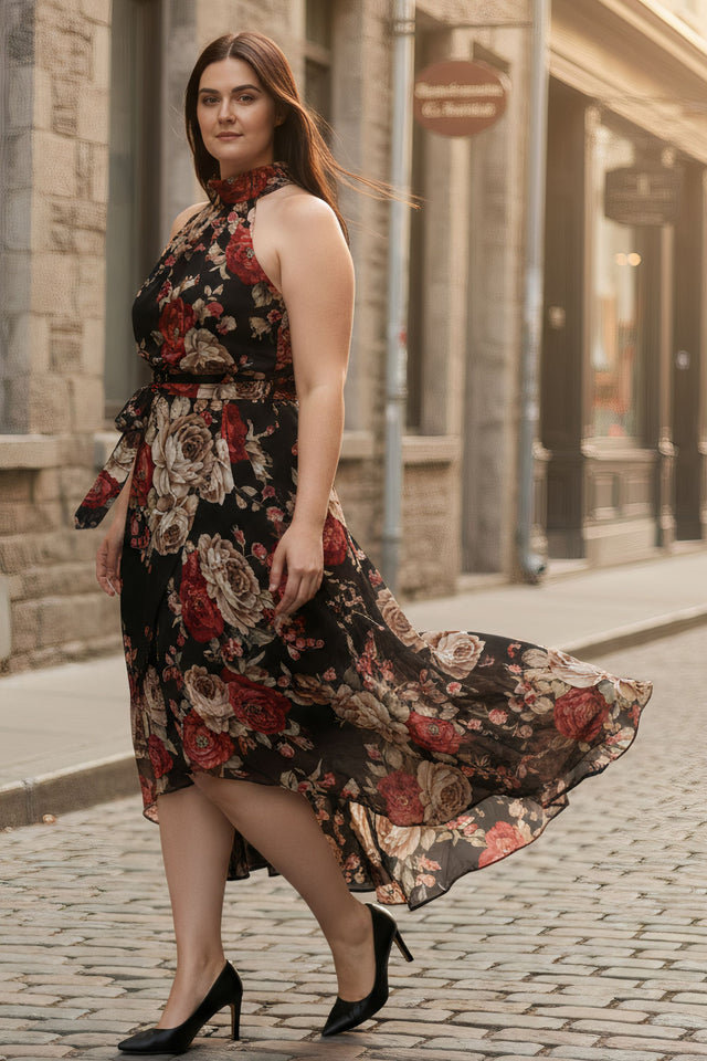 PRÉCOMMANDE-Alexandra Robe Midi Fleurie à Col Haut – Imprimé Roses Noires