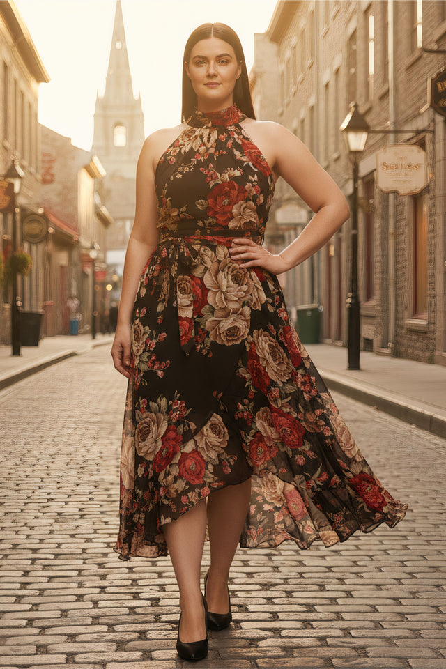 PRÉCOMMANDE-Alexandra Robe Midi Fleurie à Col Haut – Imprimé Roses Noires