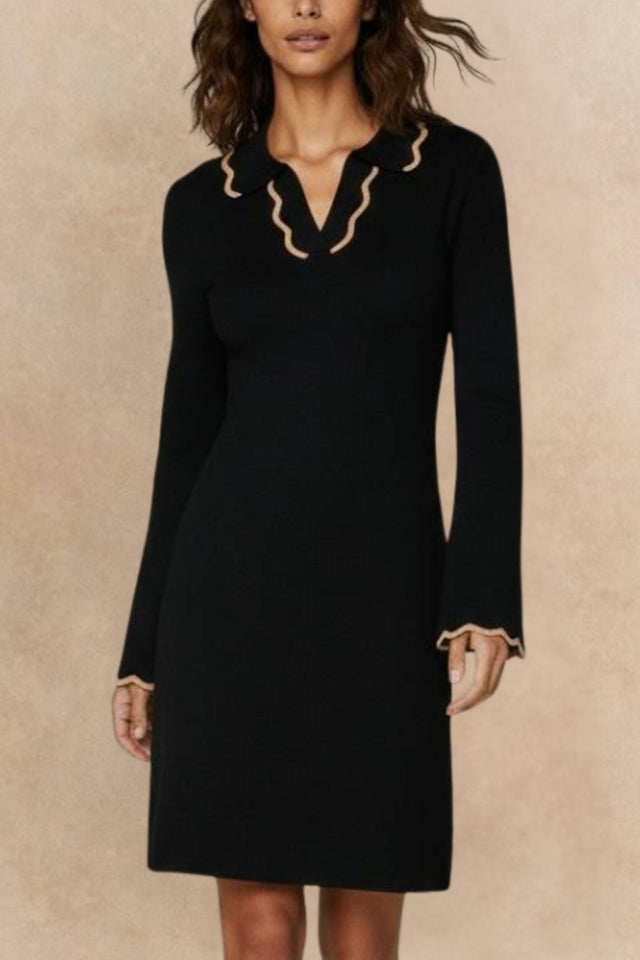 Alice Robe Tricot Noire Col Polo Liseré Encolure Coupe Décontractée