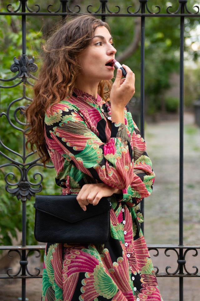 Anais Shirt Dress Short Buttons Peacock Inspired Floral Print - Onze Montreal Black / XS Annick