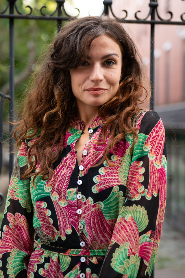 Anais Shirt Dress Short Buttons Peacock Inspired Floral Print - Onze Montreal Black / XS Annick