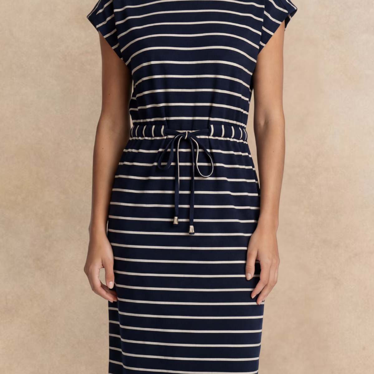 Annalise Navy Stripe Knit Midi Dress Pockets Belted - Onze Montreal