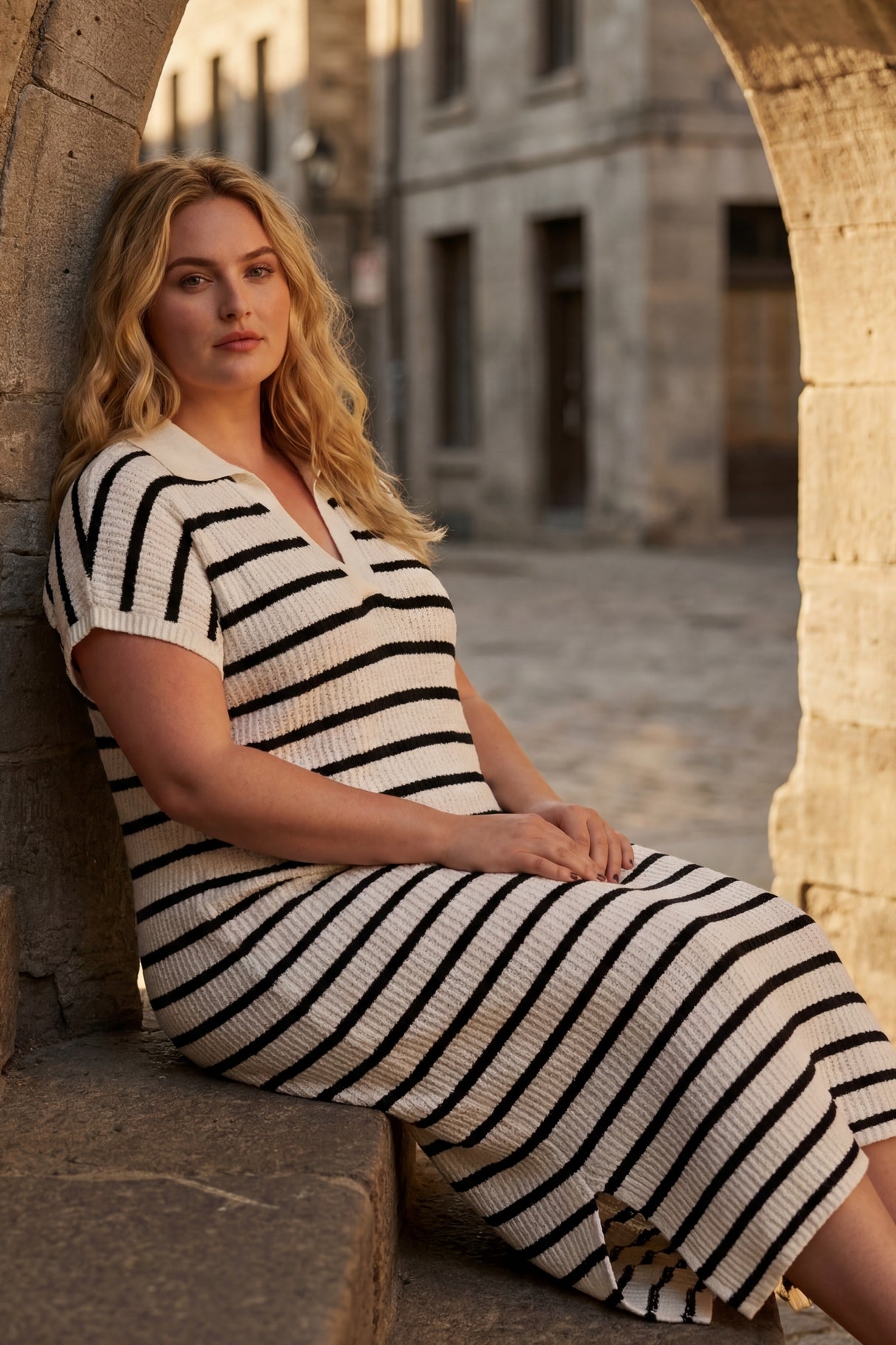 Avery Robe Midi Fendue Maille Rayée