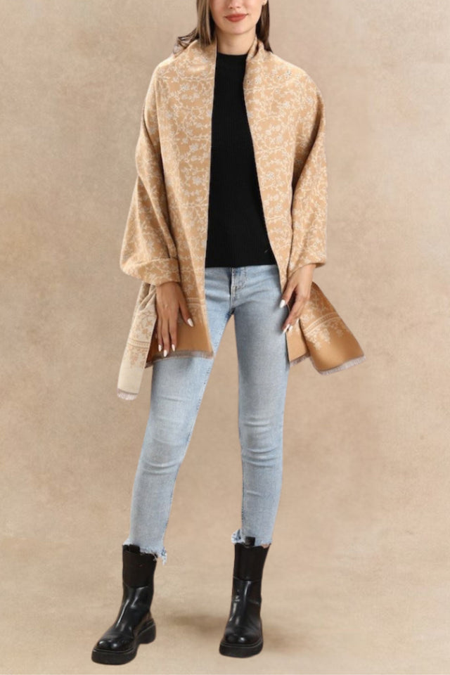 Floral Jacquard Scarf with Fringe