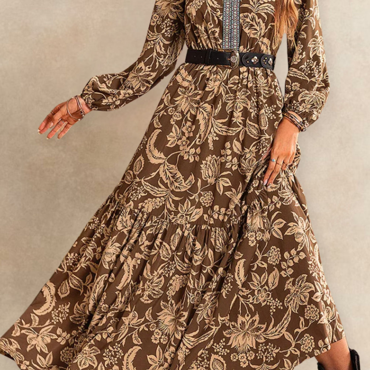 Bertha Boho Floral Maxi Dress Long Sleeves V-Neck Tiered Onze Montreal Bertha Boho Floral Maxi Dress Long Sleeves V-Neck Tiered Onze Montreal