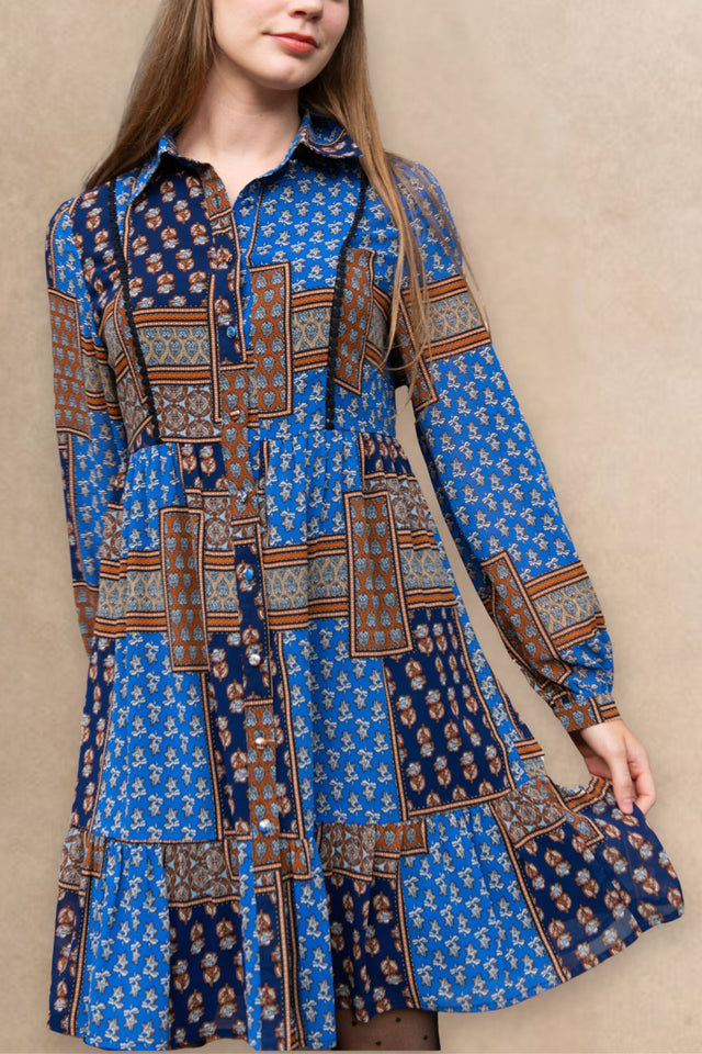 Anouk Boho Patchwork Shirt Dress Long Sleeve Button Down Flowy Casual