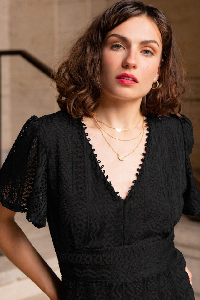 Bonnie Robe Midi Tricot Crochet avec Doublure et Manches Courtes