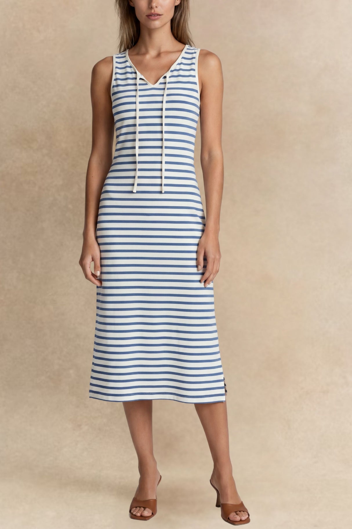 Brenda Robe Midi Col V Fendu Rayures