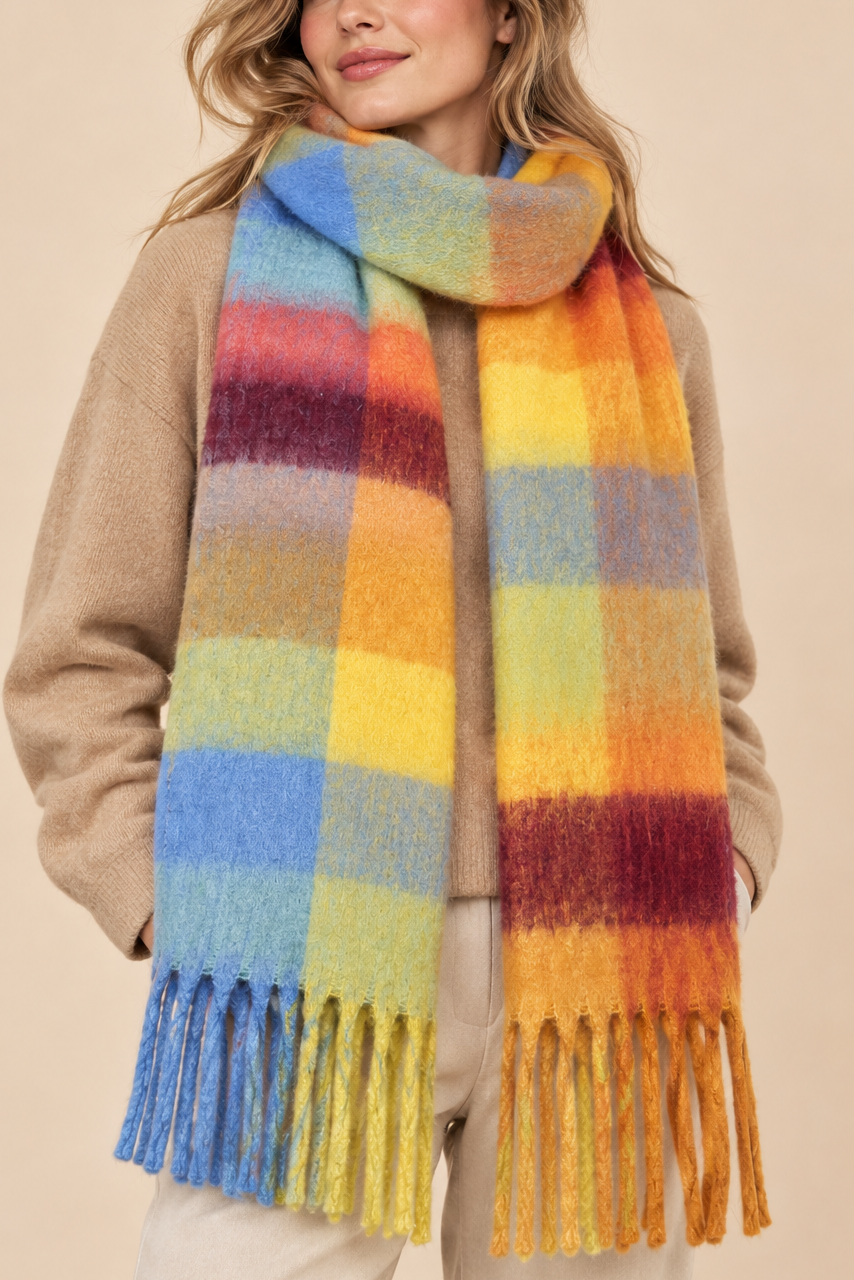 Multicolour Plaid Fringe Winter Scarf
