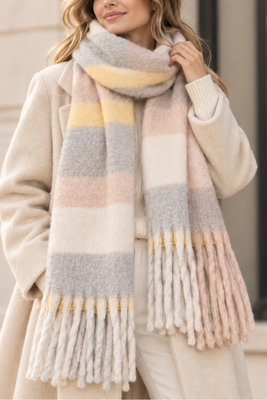 Soft Pastel Plaid Fringe Winter Scarf