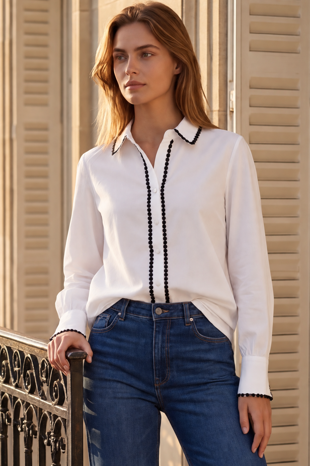 Amelie Contrast-Trim Button Blouse