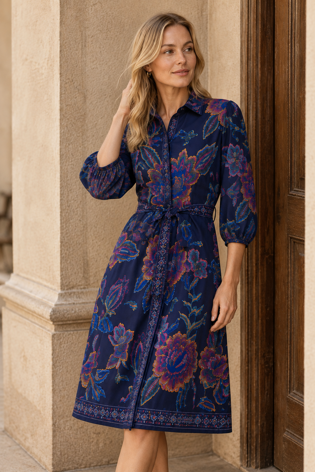 Adelina Navy Printed Floral Shirt Dress