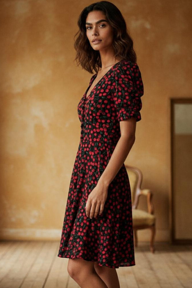 Cindy Black Cherry Fit and Flare Dress Flowy Sleeves