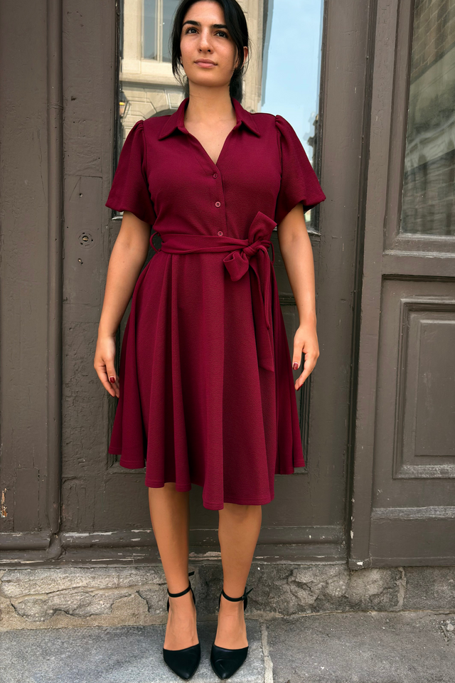 Coralie Tie-Waist Fit-and-Flare Dress with Bell Sleeves