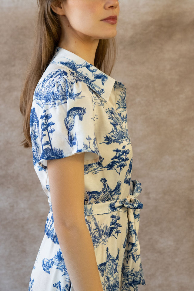 Delphine Shirt Dress Toile De Jouy Vintage Print Belt
