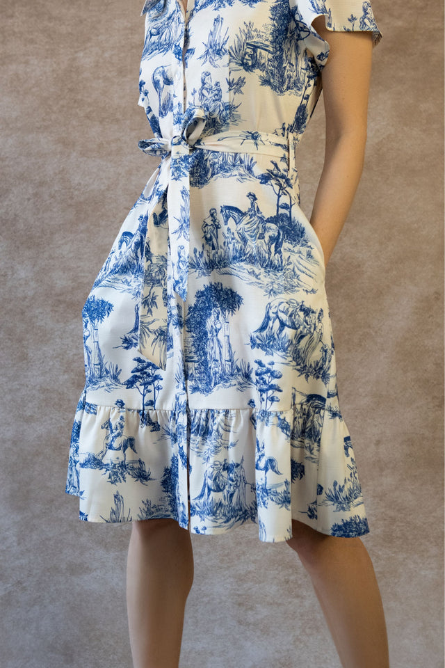 Delphine Shirt Dress Toile De Jouy Vintage Print Belt