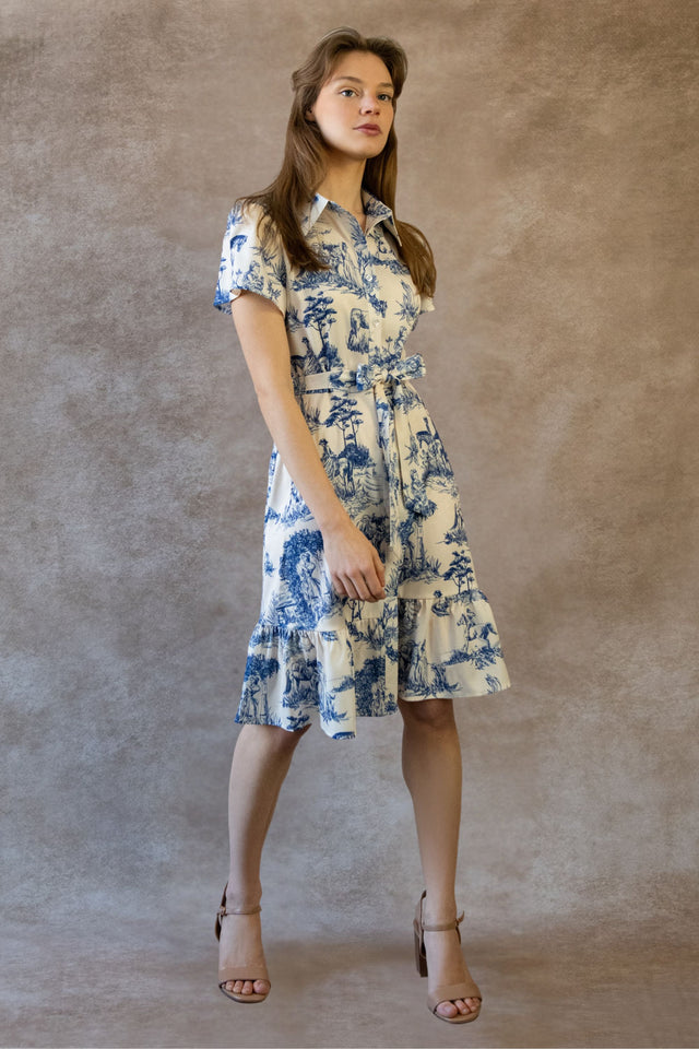 Delphine Shirt Dress Toile De Jouy Vintage Print Belt