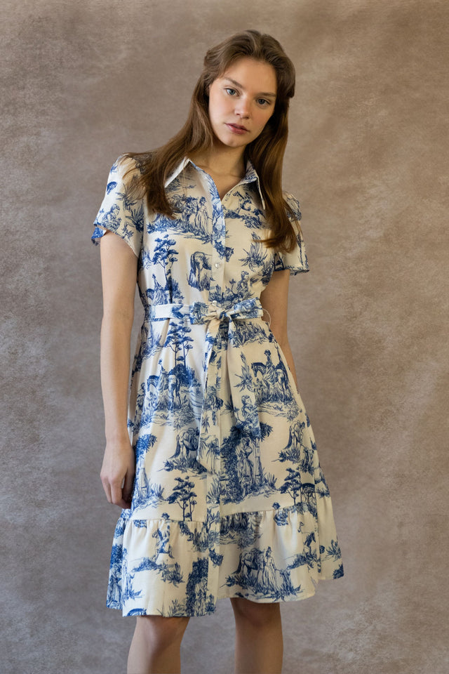 Delphine Shirt Dress Toile De Jouy Vintage Print Belt