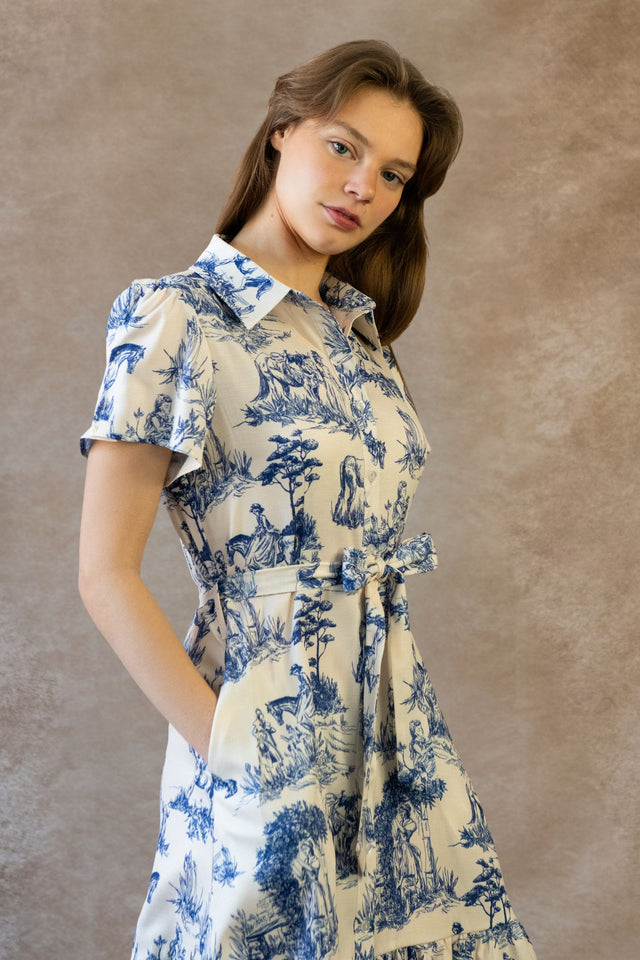 Delphine Shirt Dress Toile De Jouy Vintage Print Belt