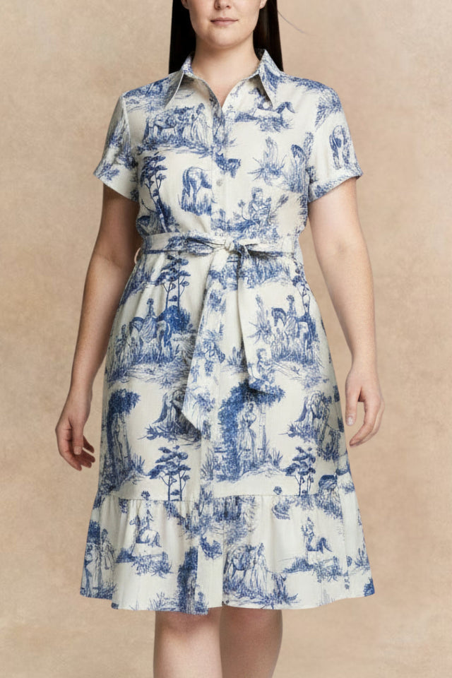 Delphine Shirt Dress Toile De Jouy Vintage Print Belt